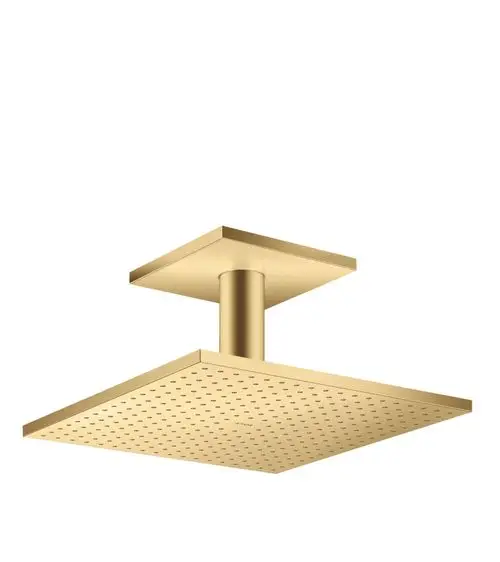 Oberflächenmontierte Kopfbrause in Brushed Gold Optik mit quadratischer Form und gleichmäßig verteilten Düsen, hergestellt von AXOR.